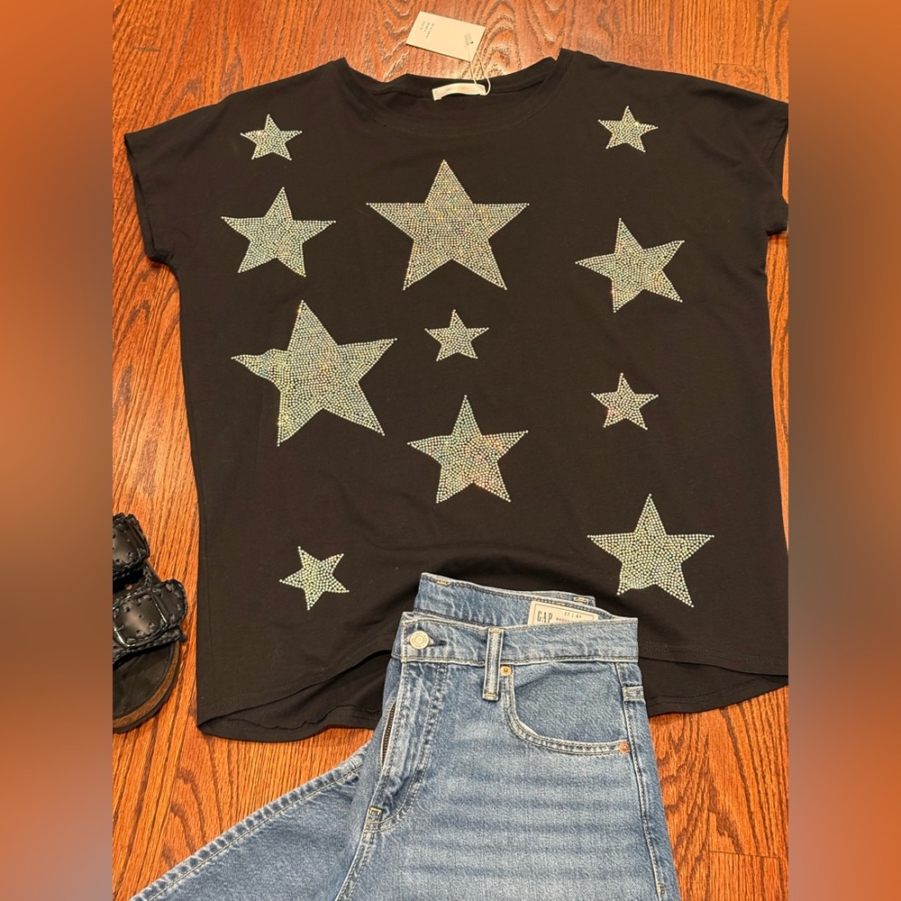 Mc Lorene black oversized tunic tee with iridescent stars one size